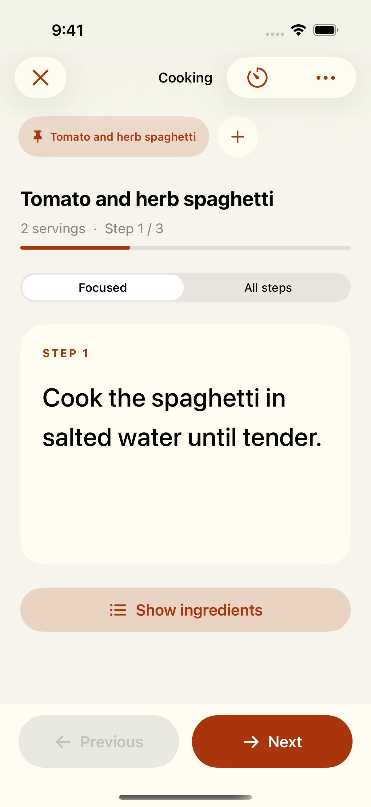 Englische Kochansicht für Tomaten-Kräuter-Spaghetti mit Schritt eins und Zutaten-Schaltfläche.