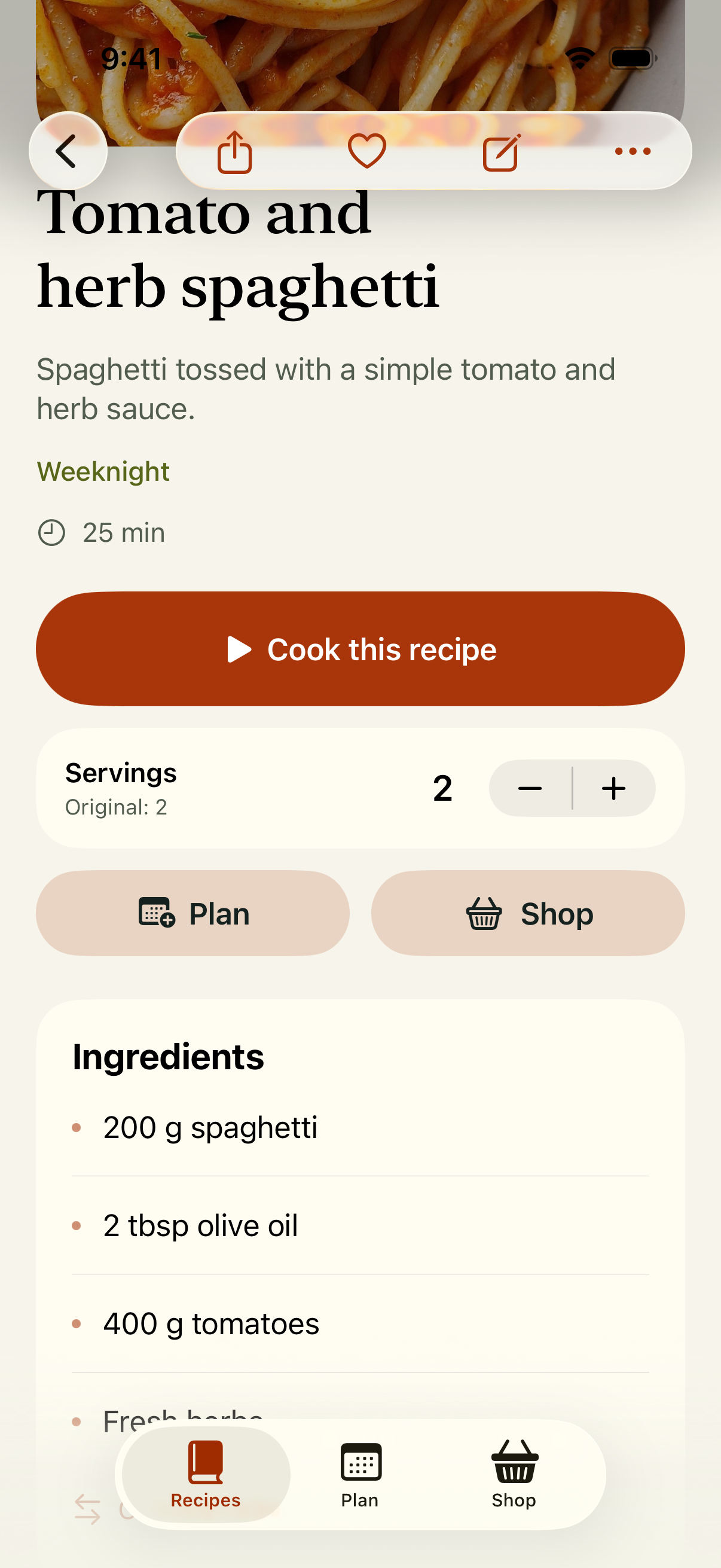 Gescrolltes englisches Rezept für Tomaten-Kräuter-Spaghetti mit Portionen, Zutaten sowie Planen und Einkaufen oberhalb der Tab-Leiste.