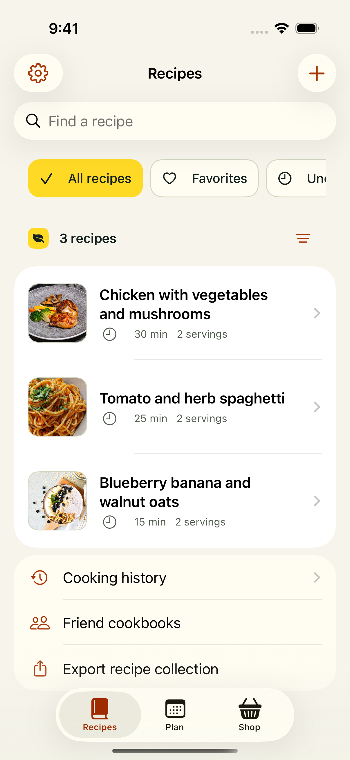 Englische Rezeptbibliothek mit Hähnchen, Tomatenspaghetti und Blaubeer-Bananen-Porridge.